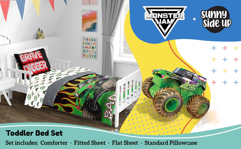 Sunny Side Up Monster Jam comforter folded showing Grave Digger design
