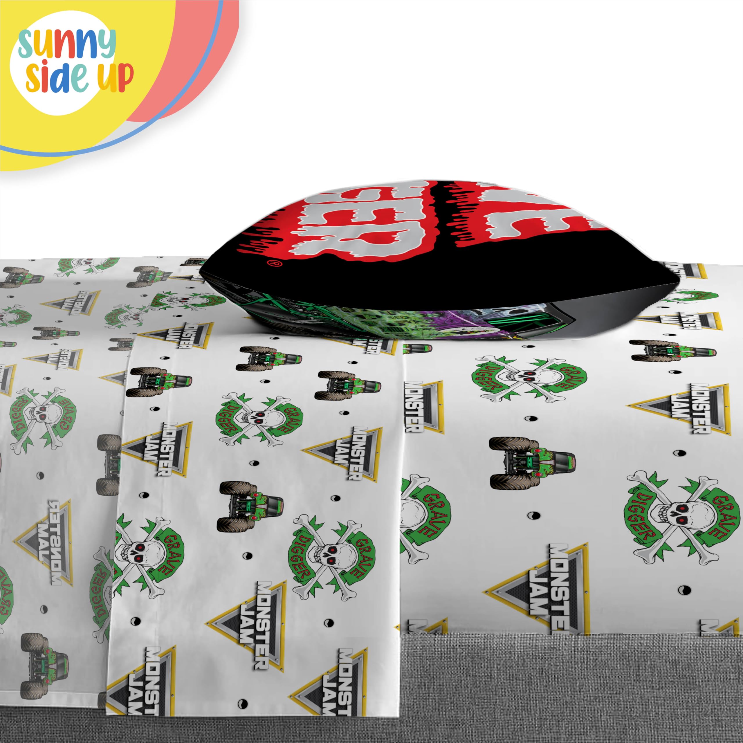 Sunny Side Up Monster Jam pillowcase with bold truck graphic and comfort