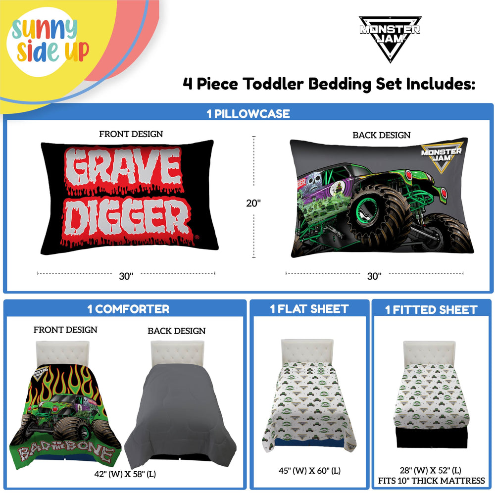 Sunny Side Up Monster Jam sheets front view highlighting kid-friendly bedding