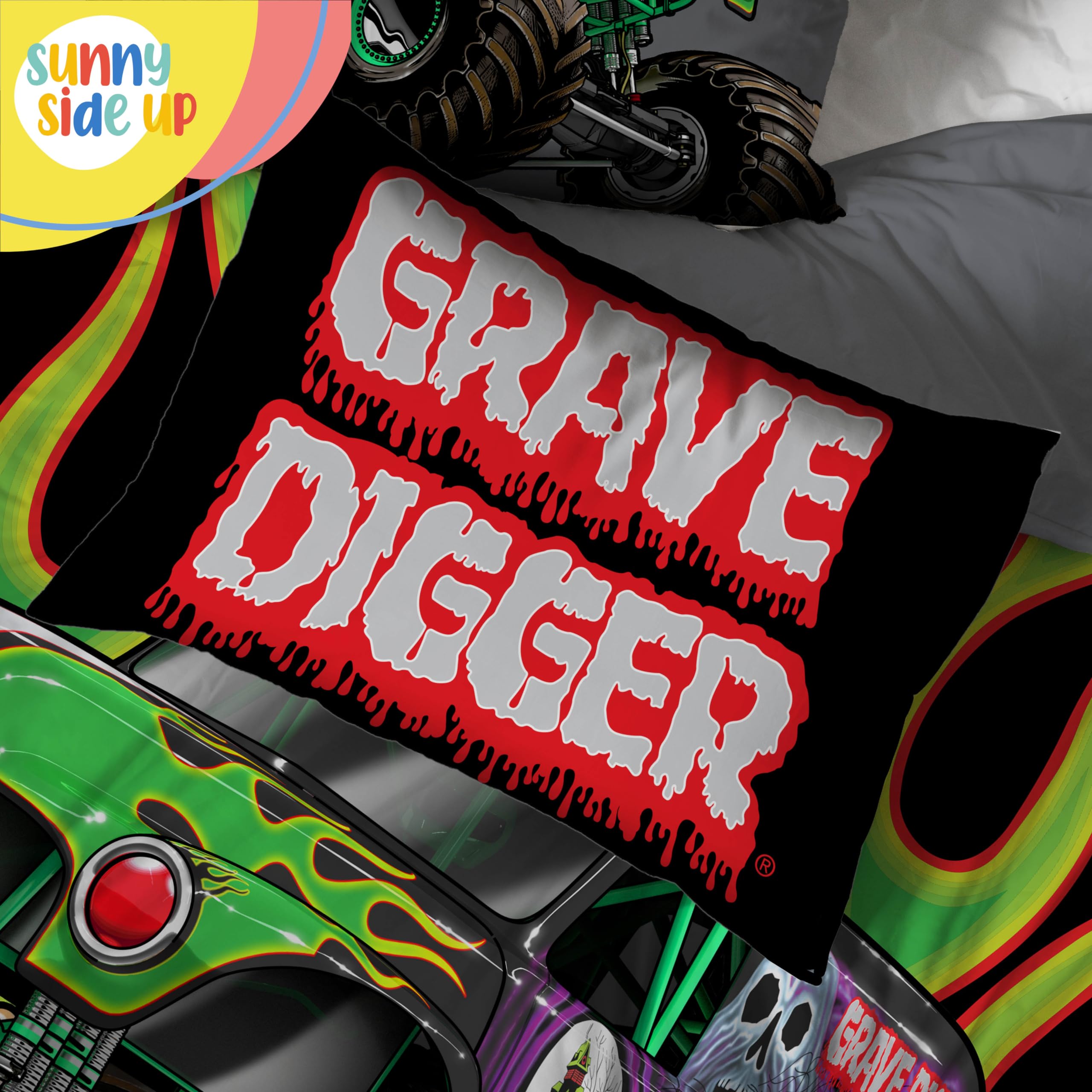 Sunny Side Up Monster Jam truck design on bedding for bold decor
