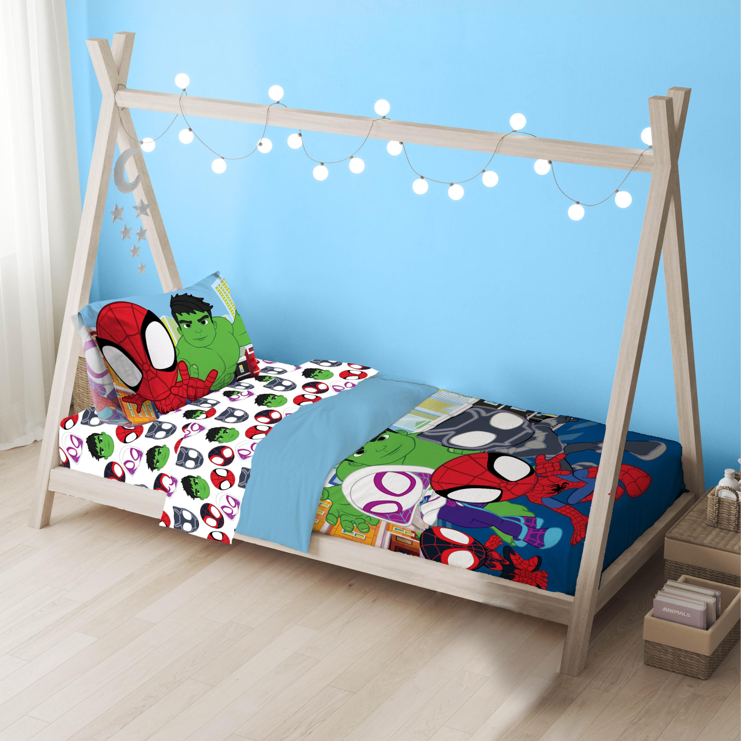 Sunny Side Up Spidey bedding-set image encourages coordinated room decor.
