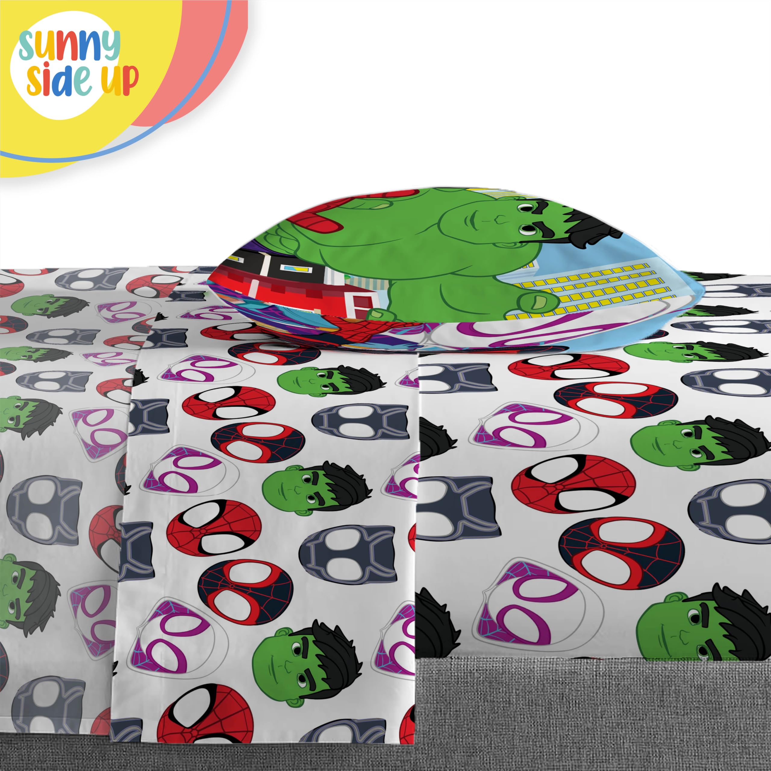 Sunny Side Up Spidey characters print image inspires imaginative play with superhero themes.
