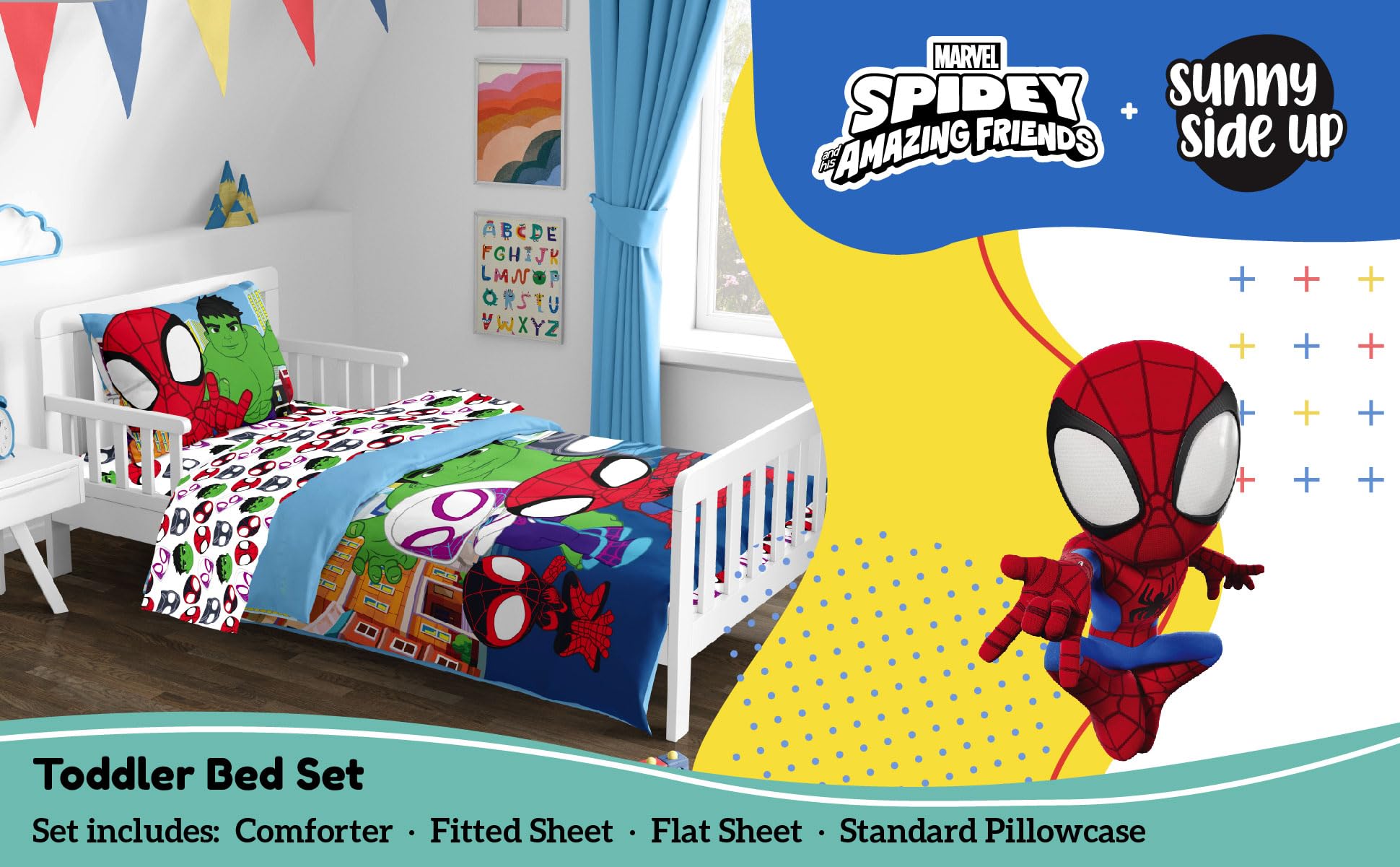 Sunny Side Up Spidey fitted-sheet image highlights soft microfiber for year-round comfort.