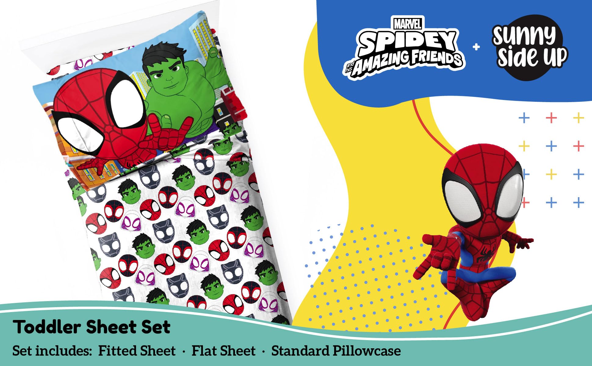 Sunny Side Up Spidey sheet set flat lay shows soft microfiber material