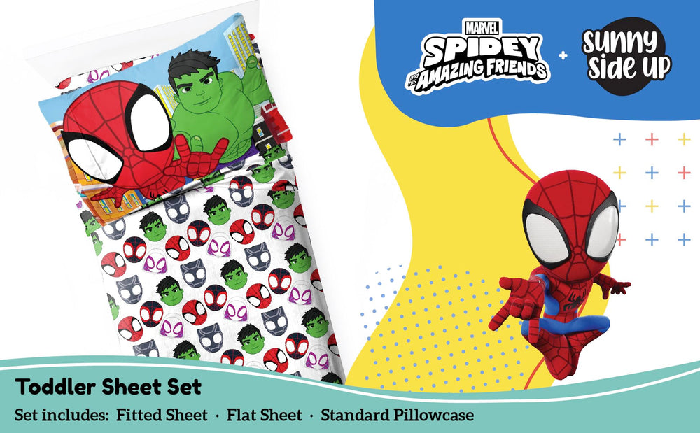 Sunny Side Up Spidey sheet set flat lay shows soft microfiber material