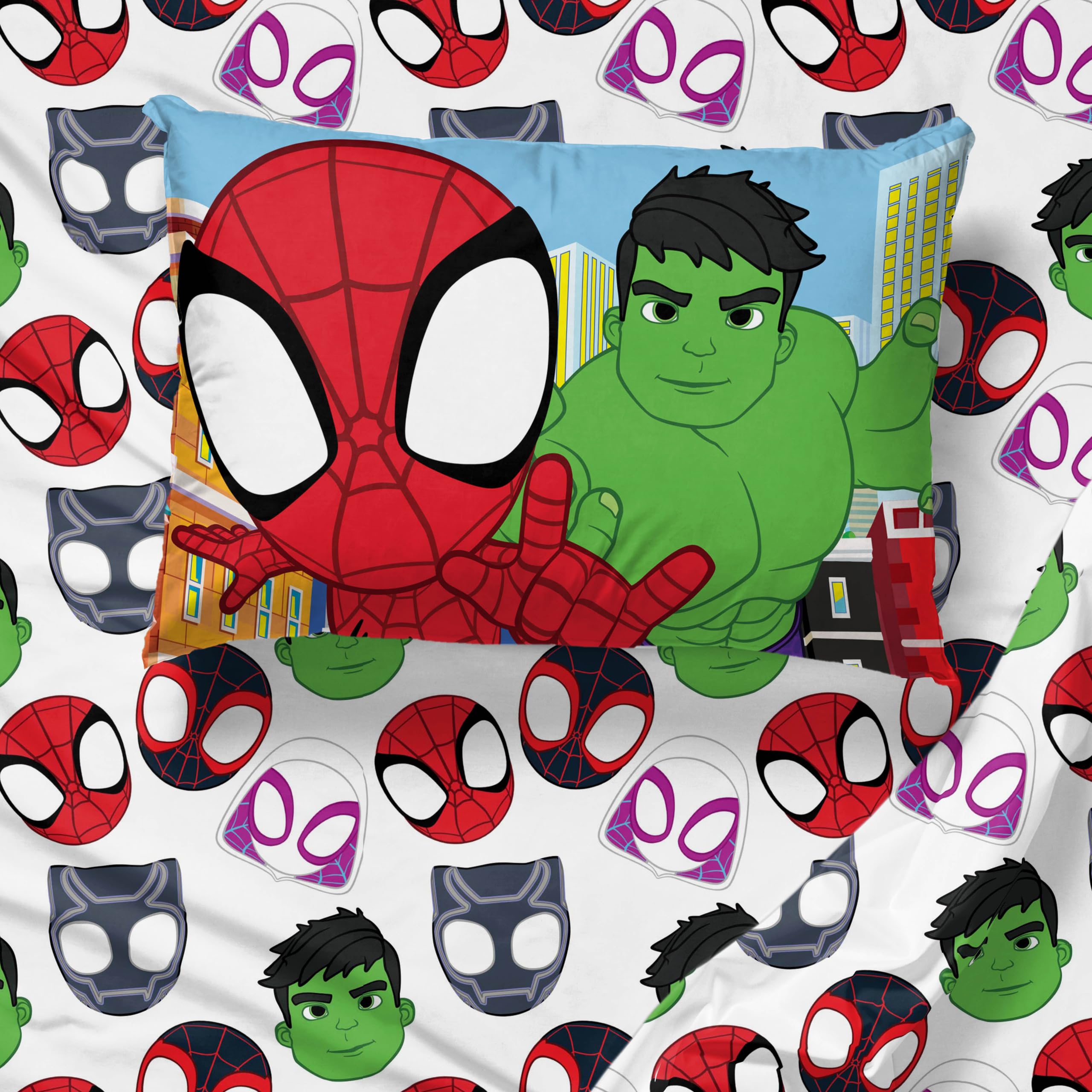 Sunny Side Up Spidey pillowcase close-up emphasizes easy care and comfort