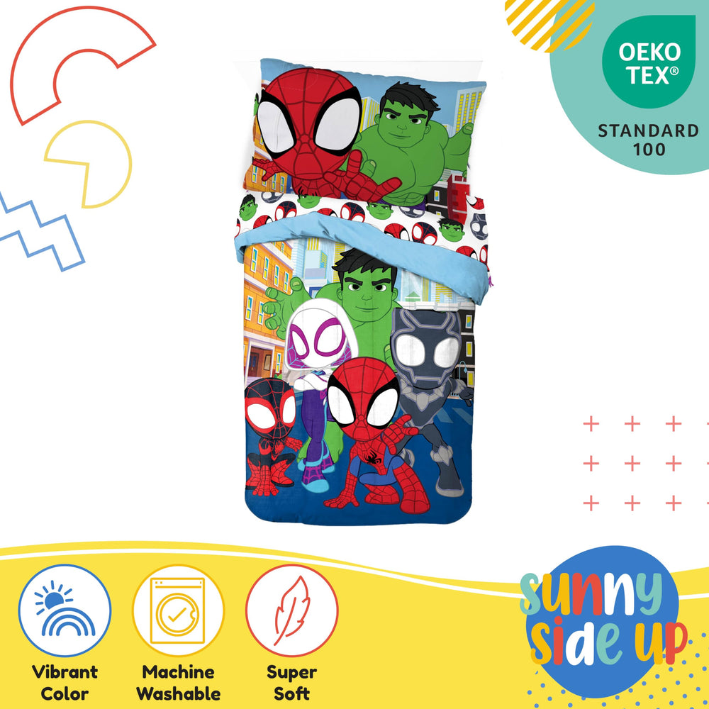 Sunny Side Up Spidey pillowcase image emphasizes easy-care fabric for quick cleaning.