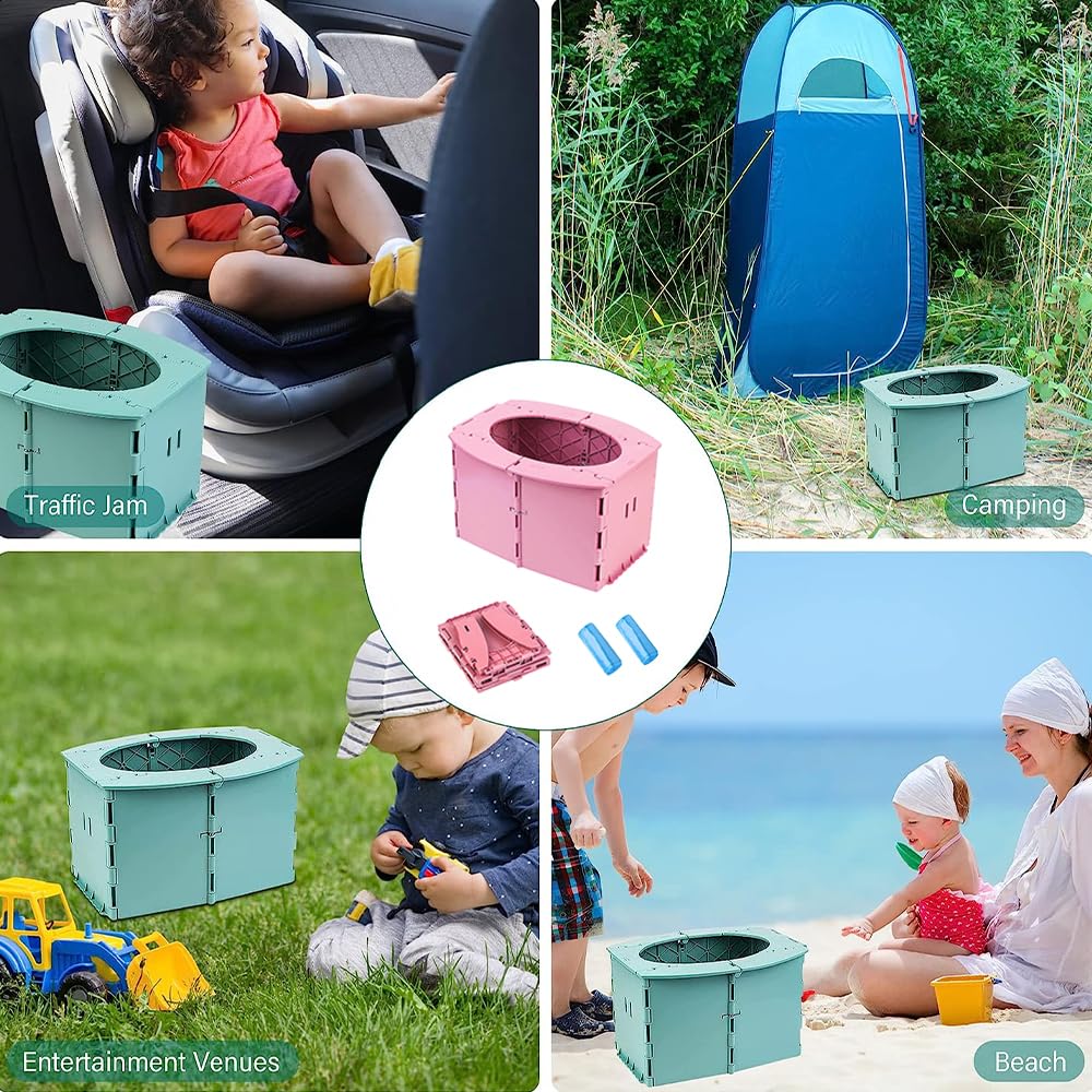 SunnySmile Travel Potty in use by a toddler outdoors during camping.