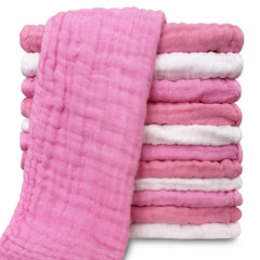 Sunny zzzZZ muslin burp cloths set in white and Deep Sakura offer gentle skin-friendly protection