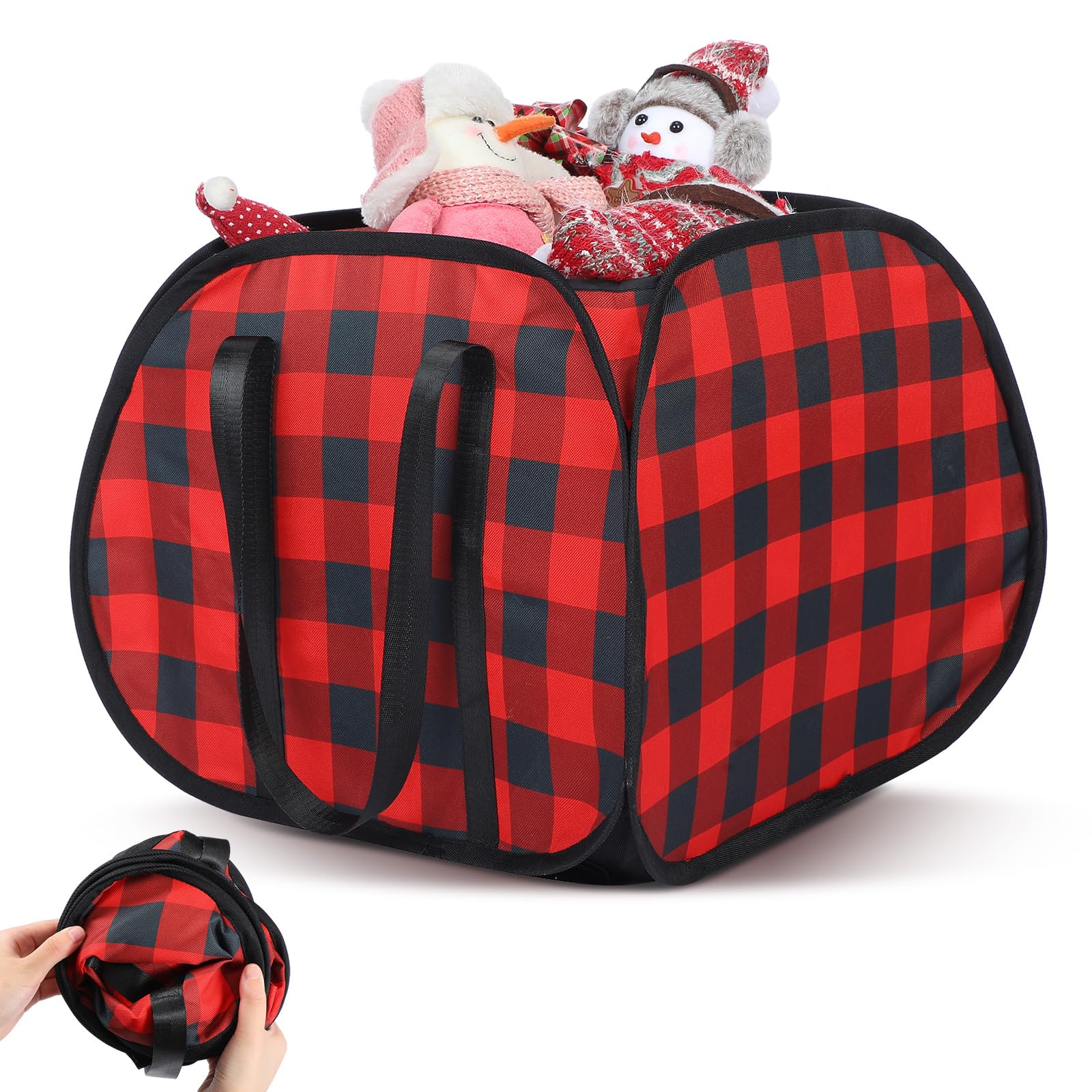 Sunnymove buffalo plaid basket front view showing sturdy reinforced handles for easy transport.