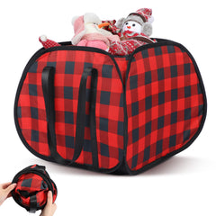 Sunnymove buffalo plaid basket front view showing sturdy reinforced handles for easy transport.