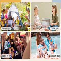 SunnySmile portable potty pink open-in-use-child demonstrates easy transition for toddler toilet training.