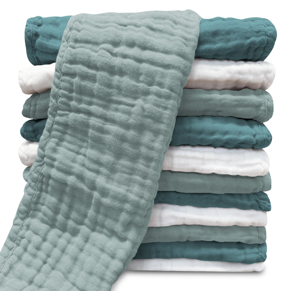 Sunny zzzZZ muslin burp cloths flatlay showing large 20x10 coverage and softness.