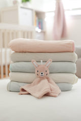 SUNSHINE & SNUGGLES Lovey pink bunny bedtime scene emphasizes soothing security for routines.