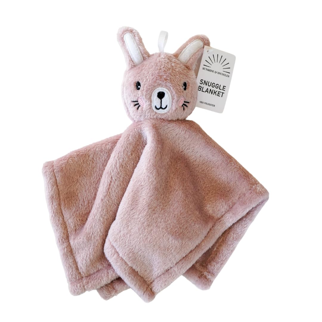SUNSHINE & SNUGGLES Lovey pink bunny care label highlights easy care and durability.