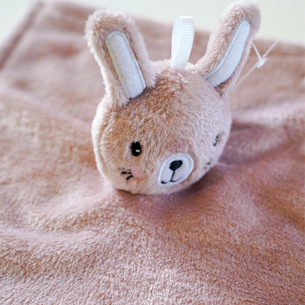 SUNSHINE & SNUGGLES Lovey pink bunny gift-ready packaging for newborn gifting.