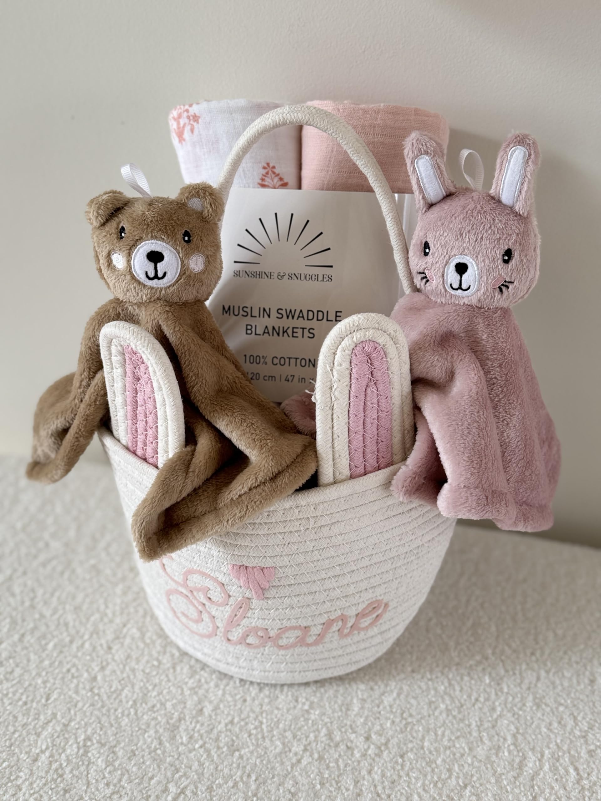 SUNSHINE & SNUGGLES Lovey pink bunny soft texture invites cozy snuggles and hugs.