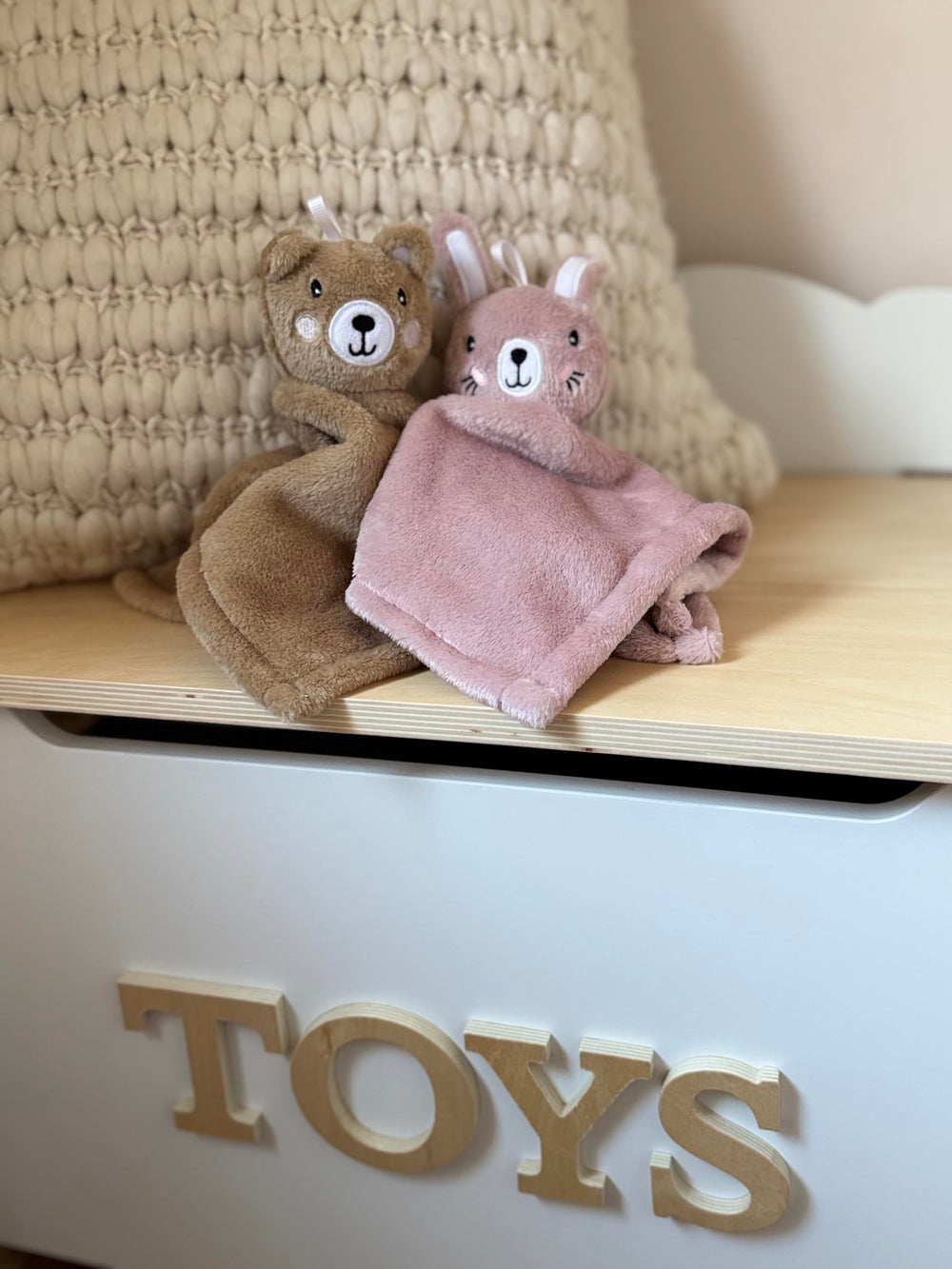 SUNSHINE & SNUGGLES Lovey pink bunny stitching detail showcases quality craftsmanship.