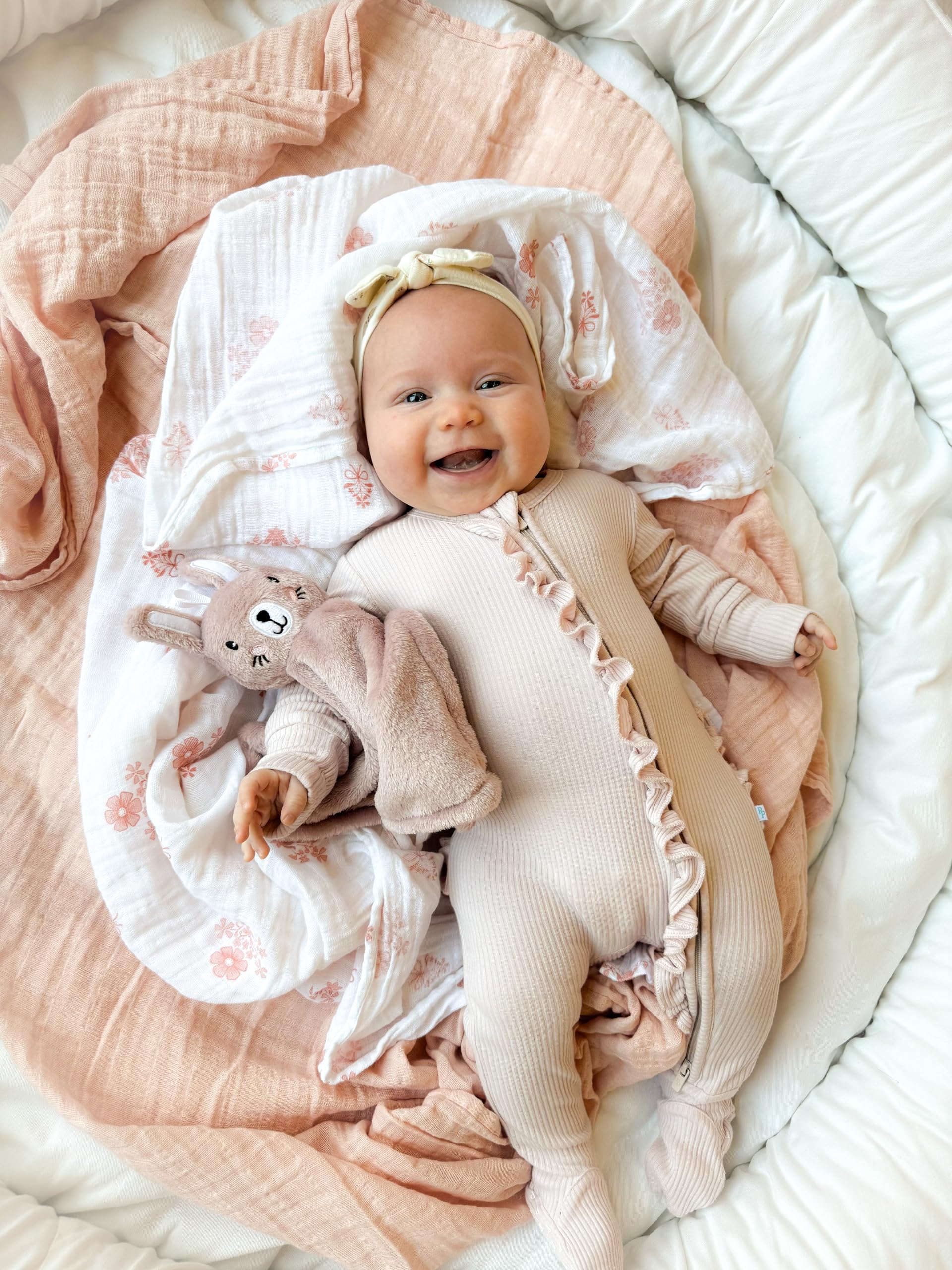 SUNSHINE & SNUGGLES Lovey pink bunny stroller-ready companion for easy travel moments.