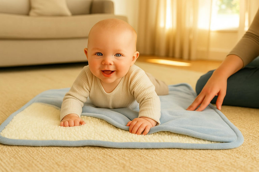 Sunshine & Snuggles ultra plush 30x40 blanket cloud blue folded view highlights durability stitching.