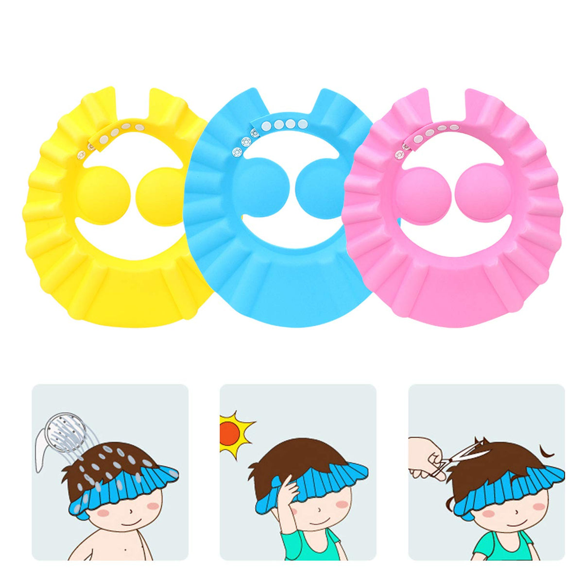 SUNTRADE 3-piece kids bathing hat set: playful design providing eye protection during shampooing.