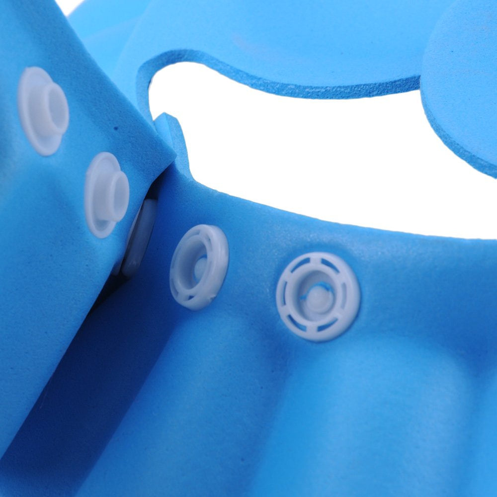SUNTRADE water-shield bath cap during wash: keeps faces dry for less mess.