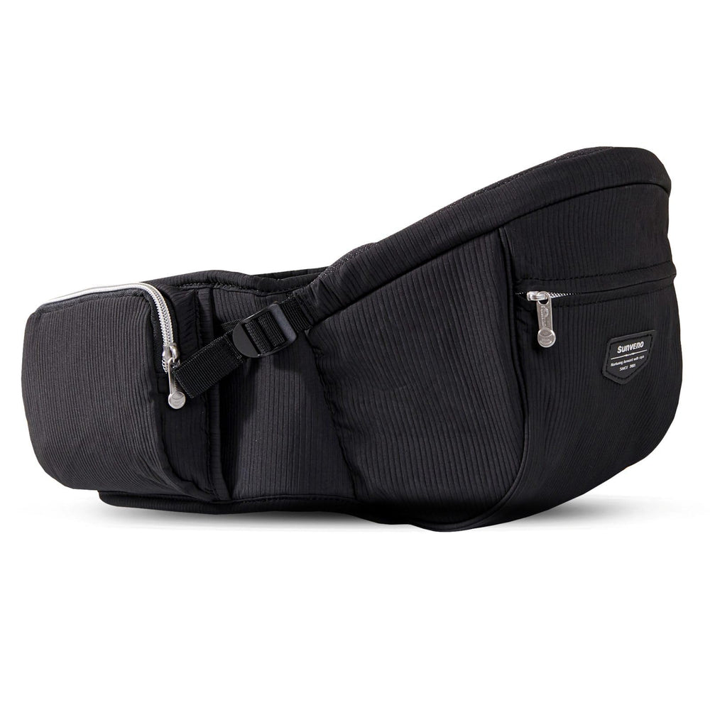 Sunveno baby carrier hip seat front view demonstrates ergonomic fit for all-day comfort.