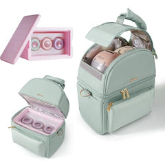 Sunveno breastmilk cooler bag open, dual compartments for easy bottle and pump parts access.