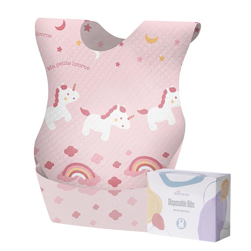 SUNVENO disposable baby bib with crumb catcher pocket for mess containment during meals