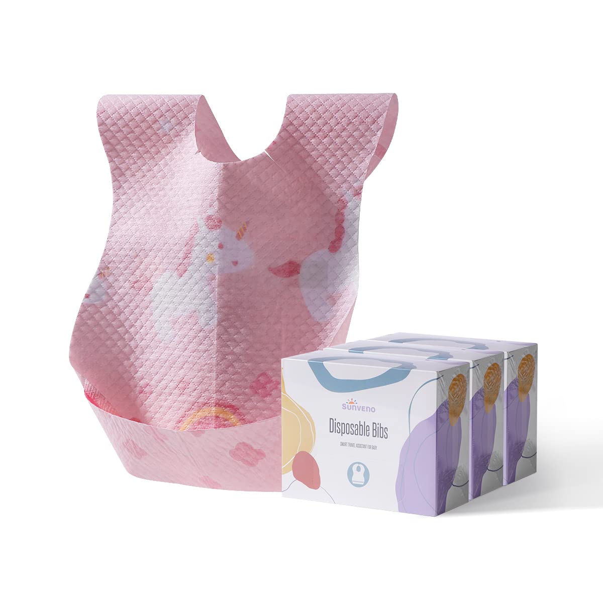 SUNVENO disposable bibs packaged individually for hygienic on-the-go meals.