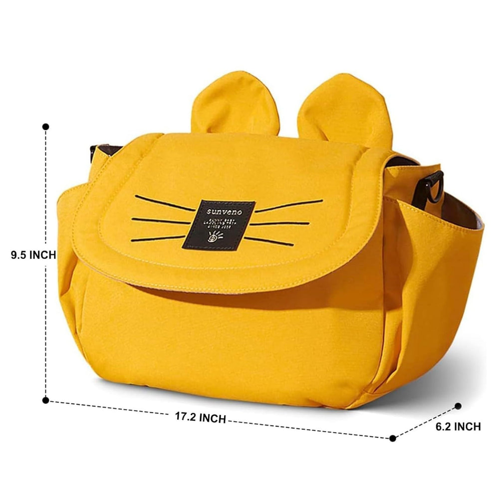 SUNVENO Kitty Stroller Organizer Bag on-stroller-use closeup shows hands-free shopping.