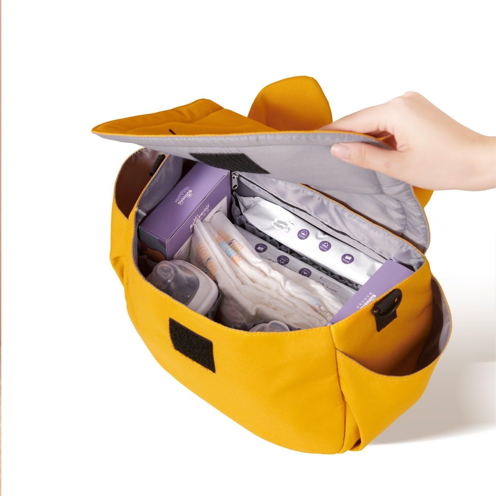 SUNVENO Kitty Stroller Organizer Bag velcro-closure closeup keeps items secure during movement.