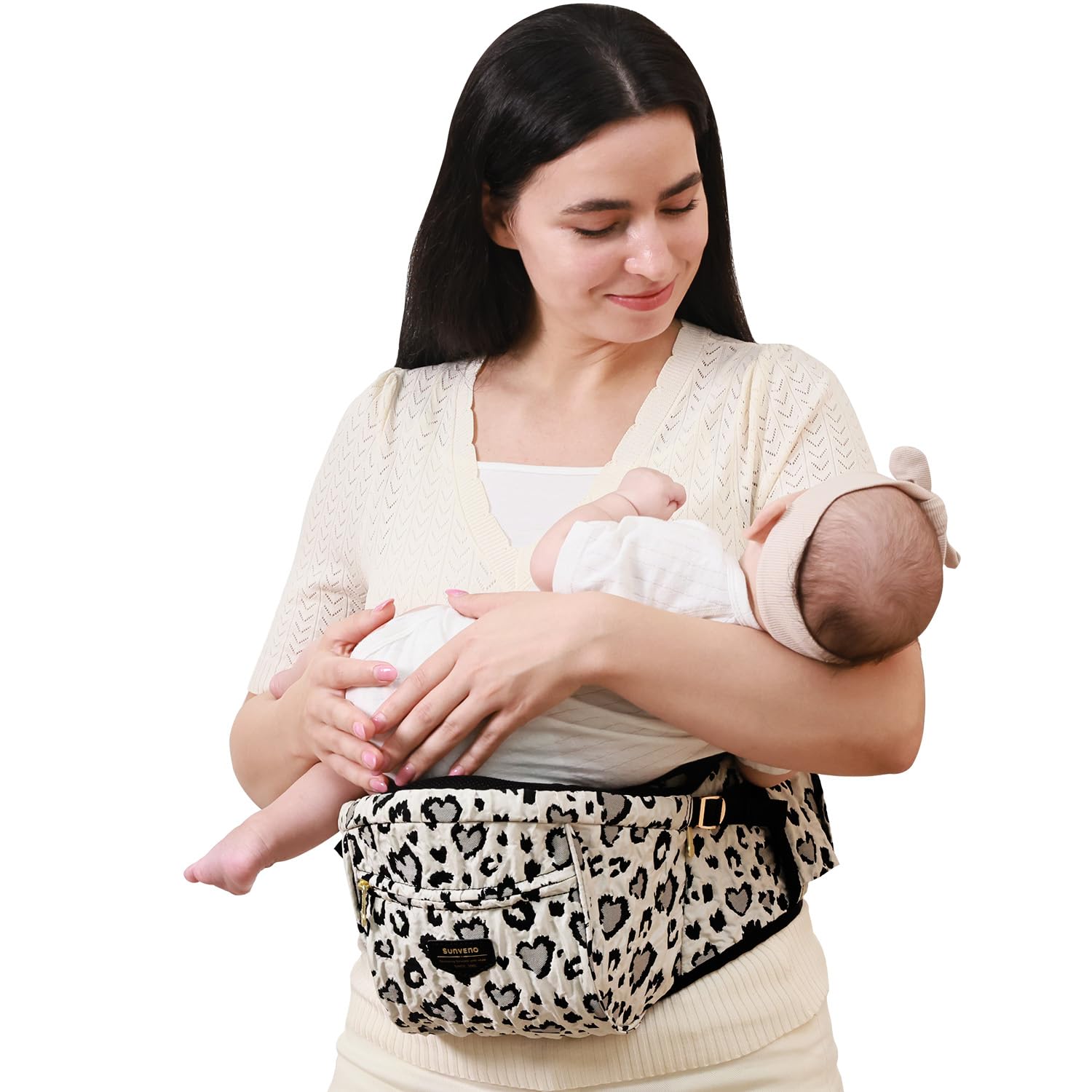 Sunveno Leopard hip-seat carrier front view showing secure baby wear for outings