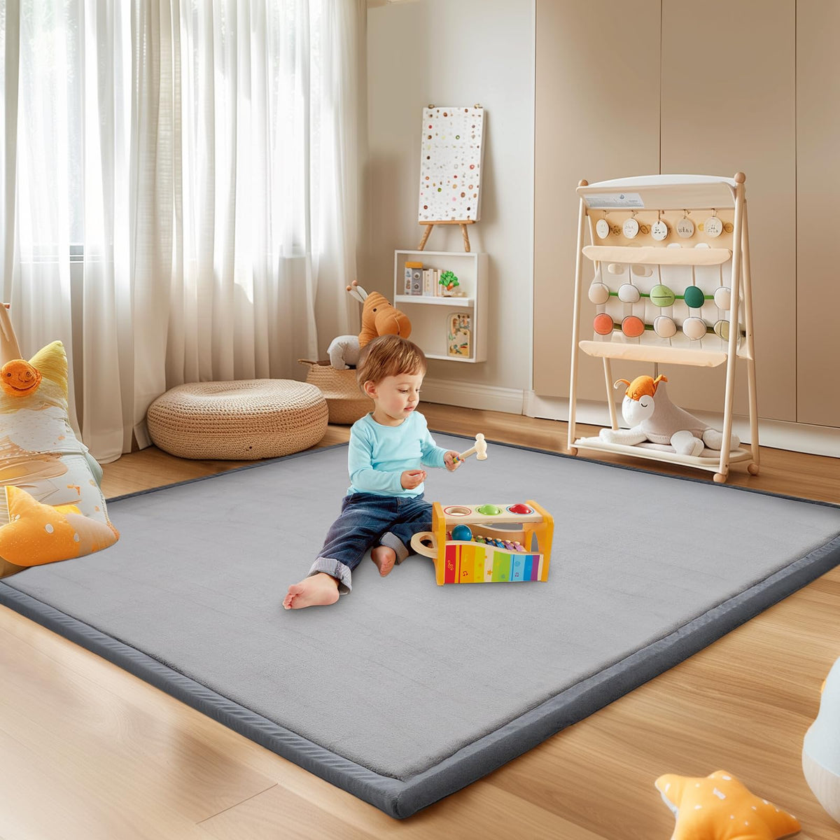 SUNYRISY Baby Play Mat 60x60in soft velvet surface cushions safe crawling.