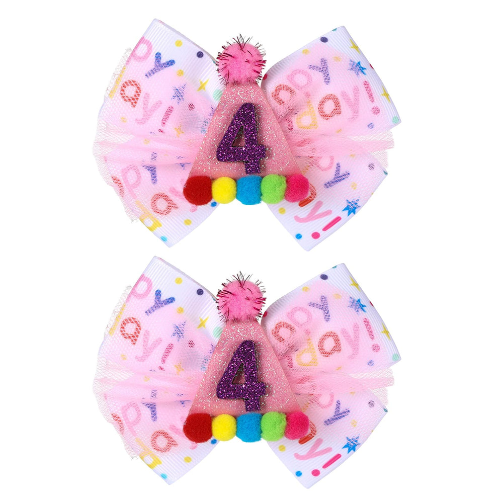 Suohheh birthday hair bow pink layered design with pom-poms for party photos.