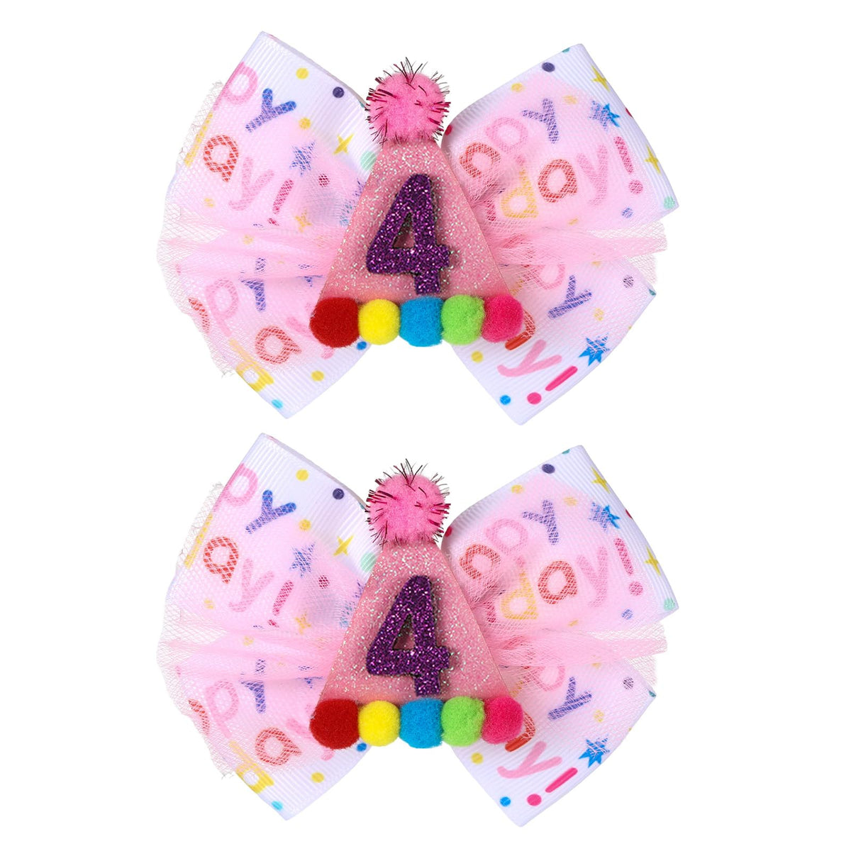 Suohheh birthday hair bow pink layered design with pom-poms for party photos.