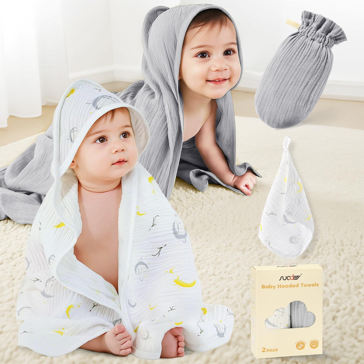SUOSDEY muslin hooded baby towel hood closeup shows ultra-soft post-bath warmth