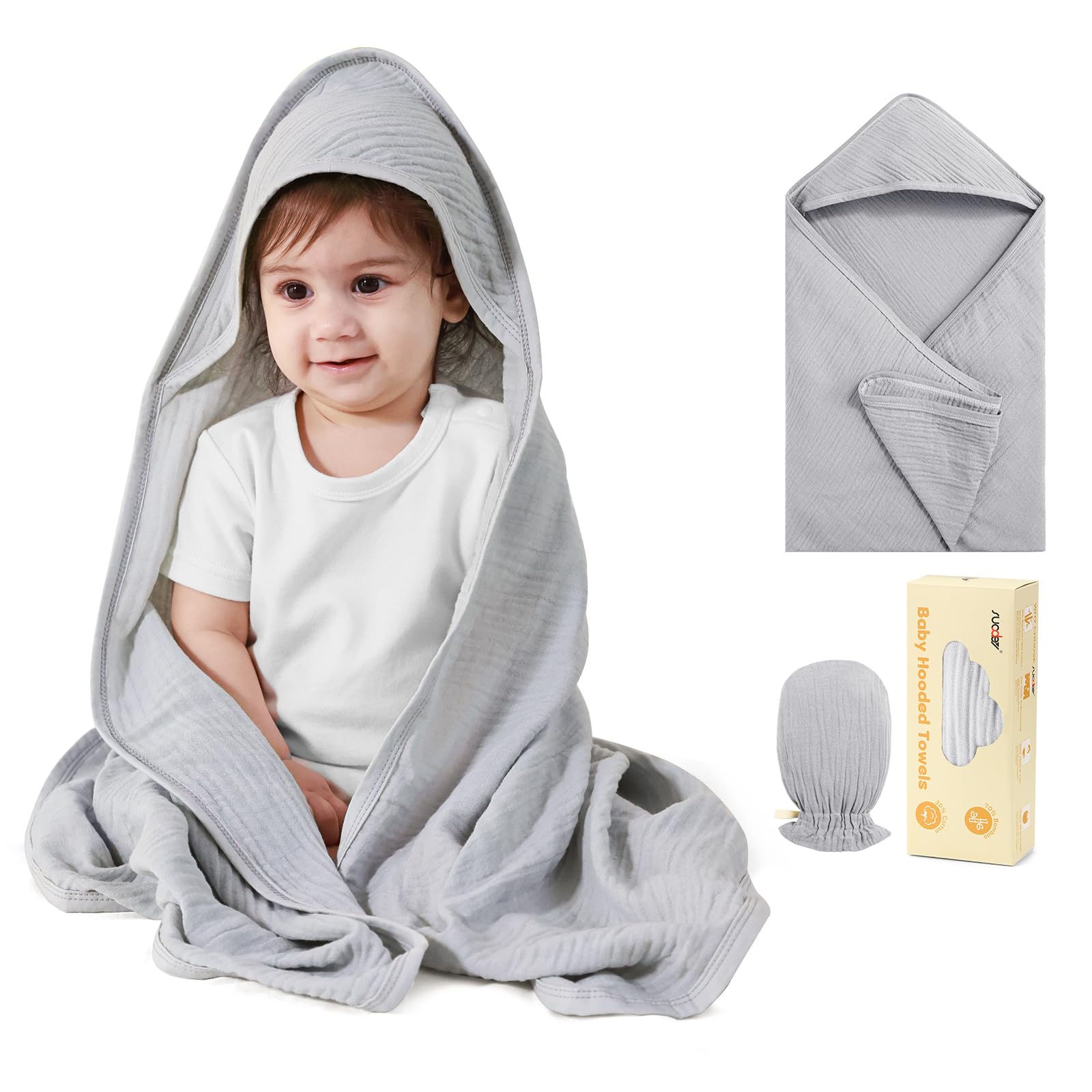 SUOSDEY muslin hooded baby towel hood closeup shows ultra-soft, absorbent fibers.