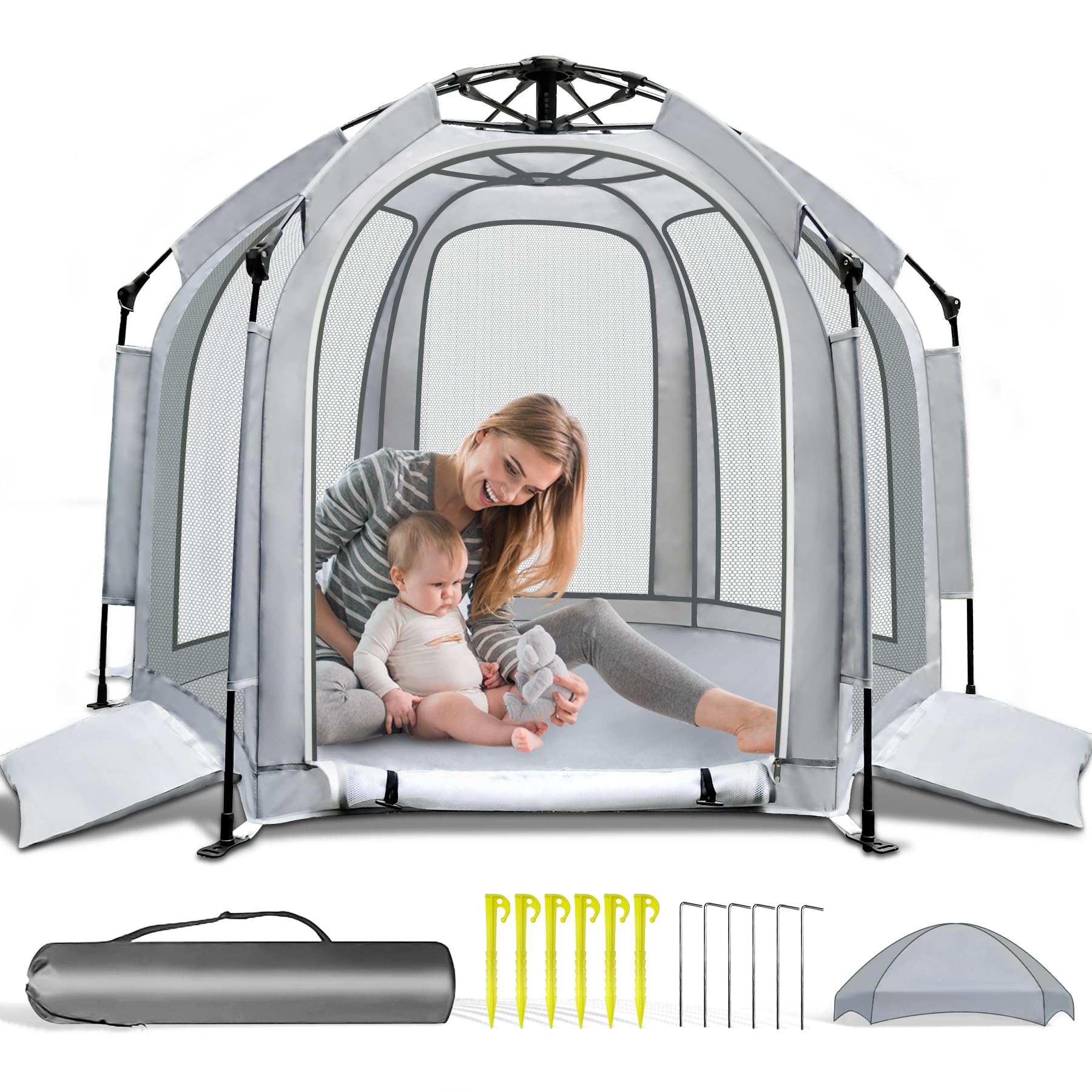 SUPENEGY baby playpen setup quickly with canopy for instant shade.