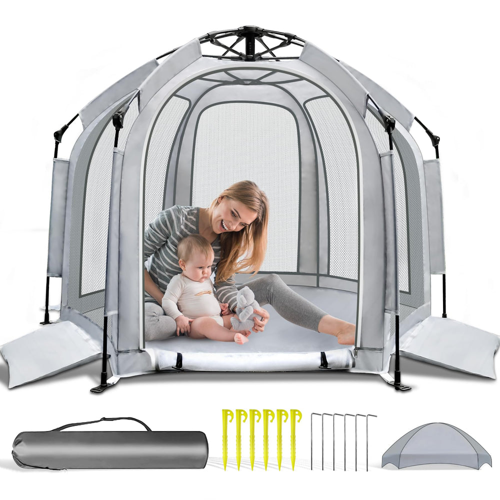 SUPENEGY baby playpen setup quickly with canopy for instant shade.
