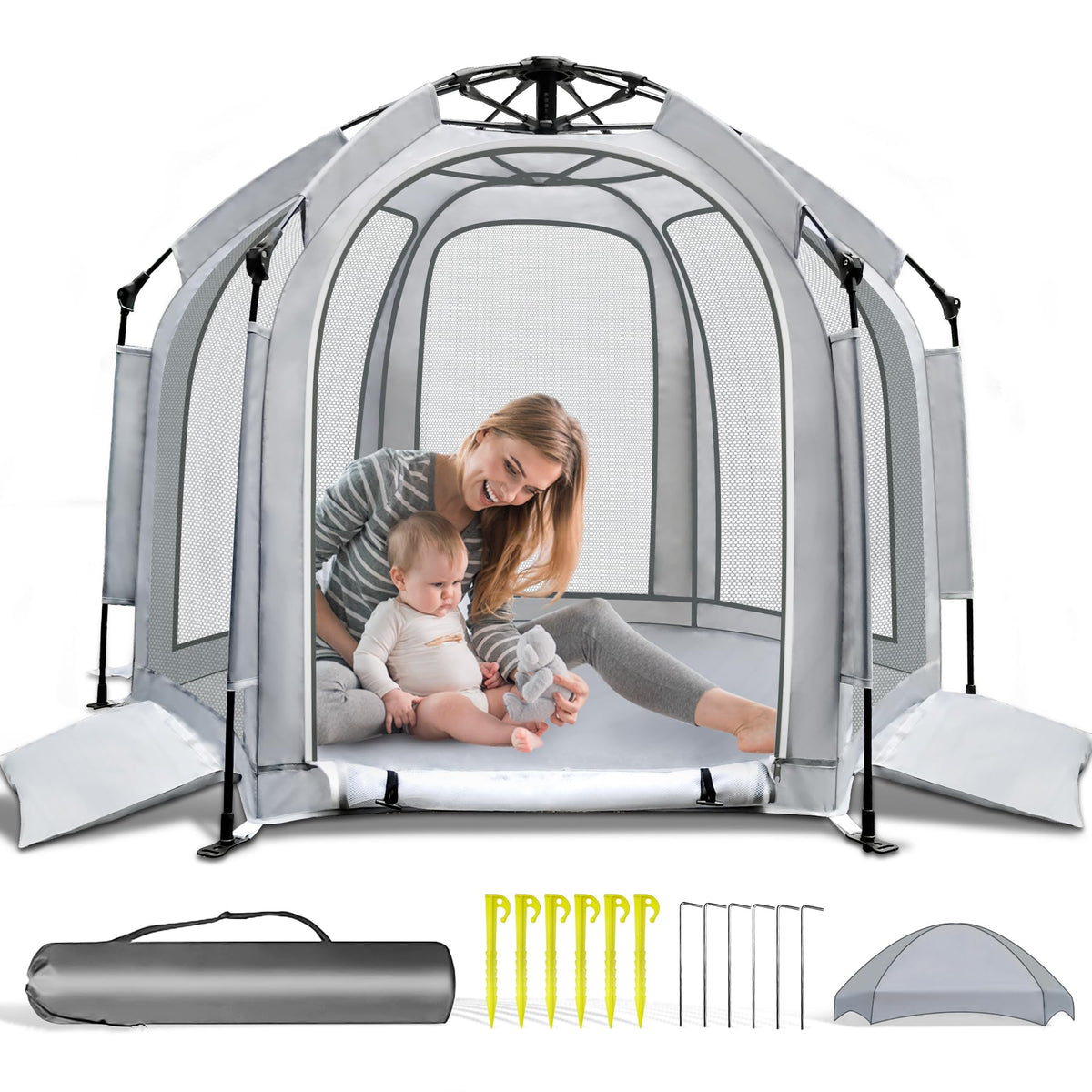 SUPENEGY baby playpen setup quickly with canopy for instant shade.