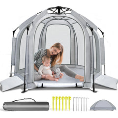 SUPENEGY baby playpen setup quickly with canopy for instant shade.