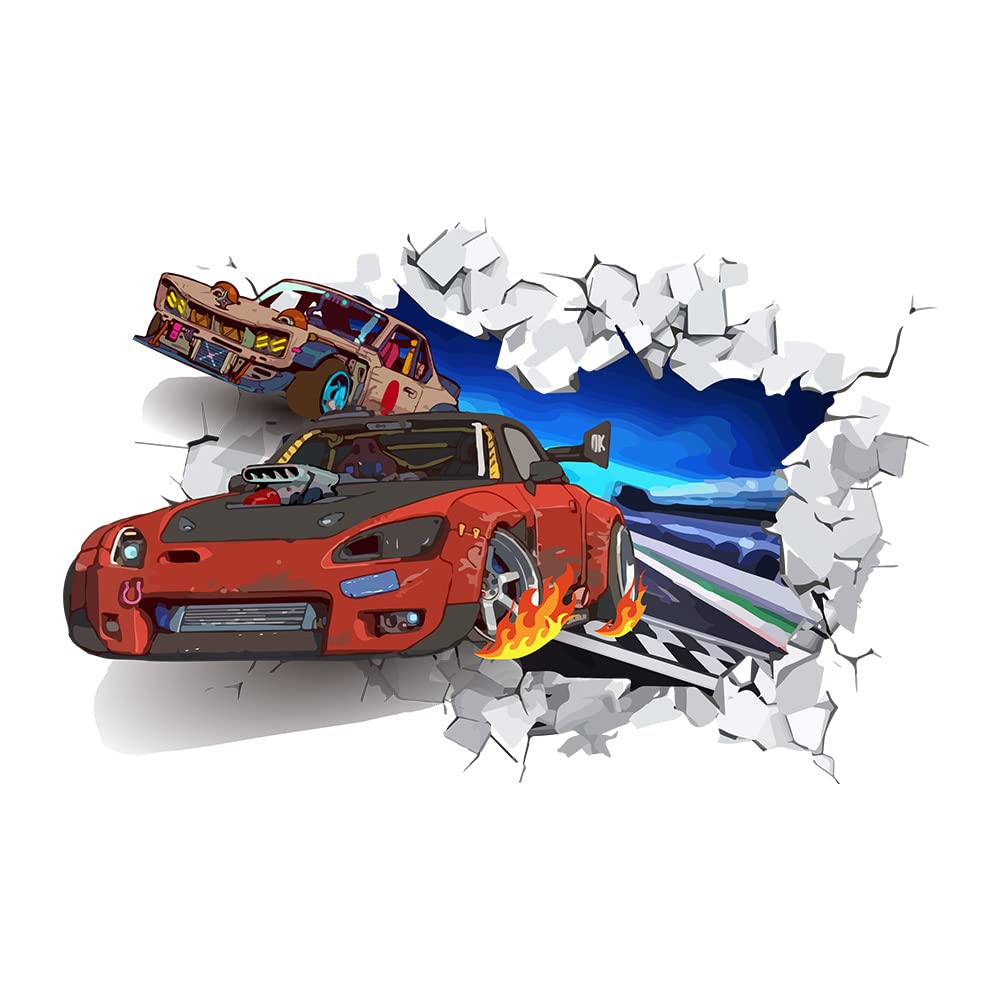 SUPERDANT 3D racing car wall decal with two cars on a track enhances kids' room decor.