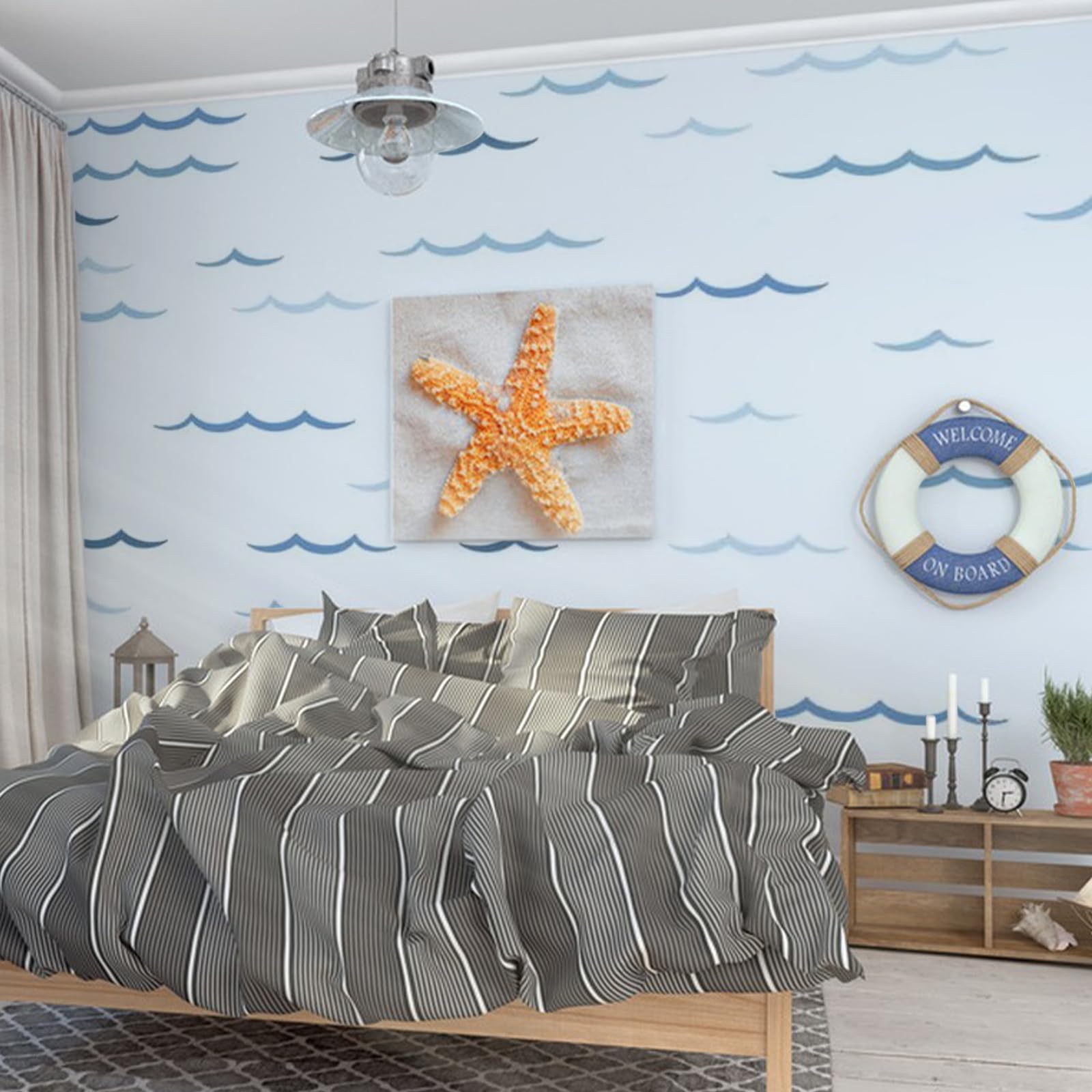 SUPERDANT Blue Ocean Waves wall stickers in a nursery with soft watercolor blues and calm mood.