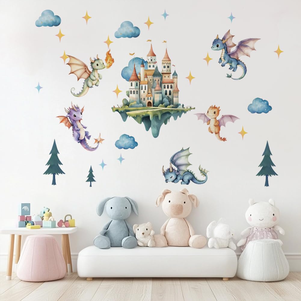 SUPERDANT Flying Dragon wall stickers with dragons and castle for a playful nursery backdrop
