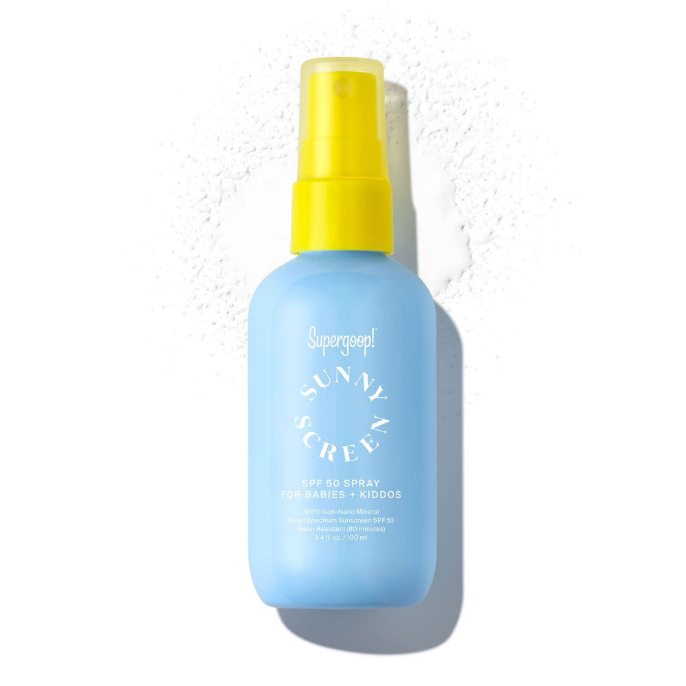 Supergoop Sunnyscreen bottle spray demonstrates travel-friendly SPF 50 for face and body.