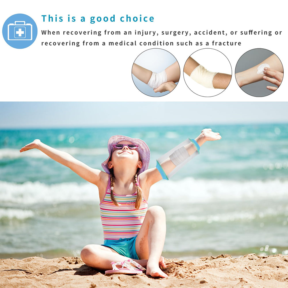 SUPERNIGHT child arm protector stretch demonstrates universal size for teens and children.