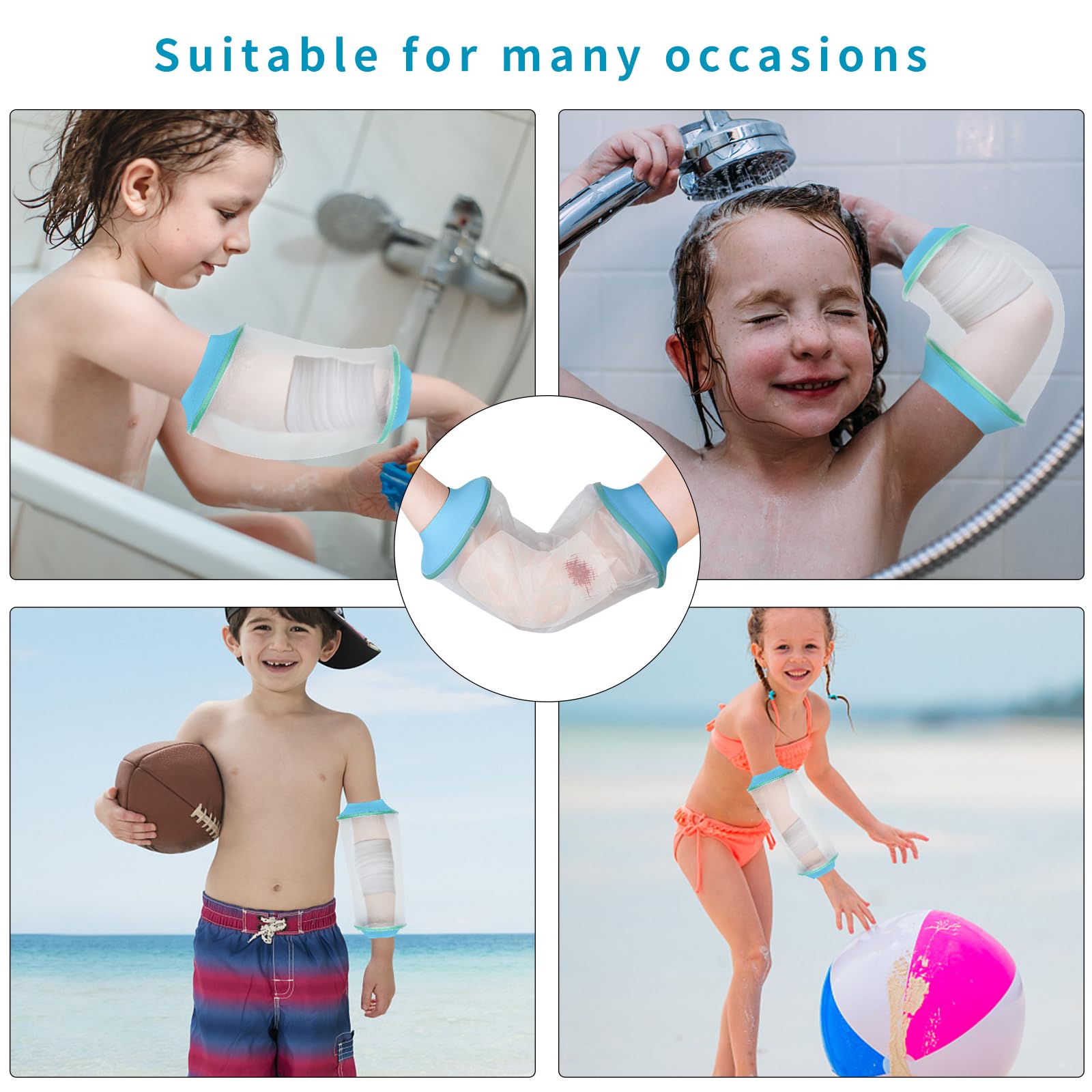SUPERNIGHT elbow cast cover side angle demonstrates flexible fit for various arm sizes during bath.
