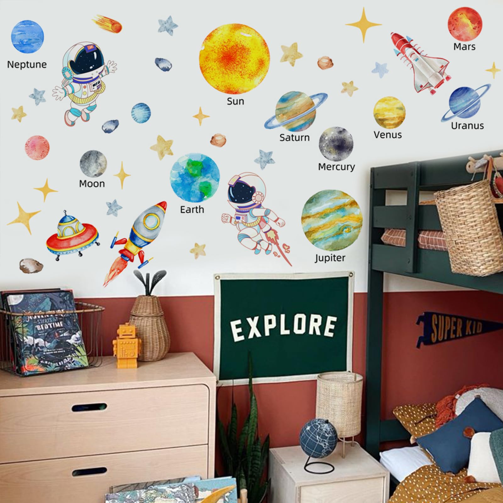 Suplanet rocket and planets wall decal encourages imaginative play in bedrooms