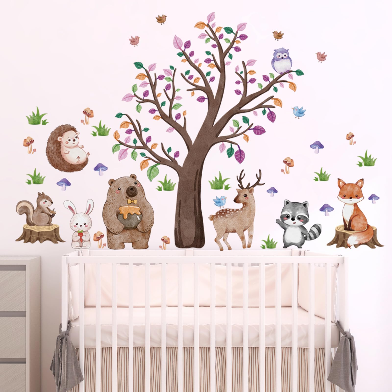 Suplanet Woodland Animals wall decal forest scene; easy to apply on walls and furniture.